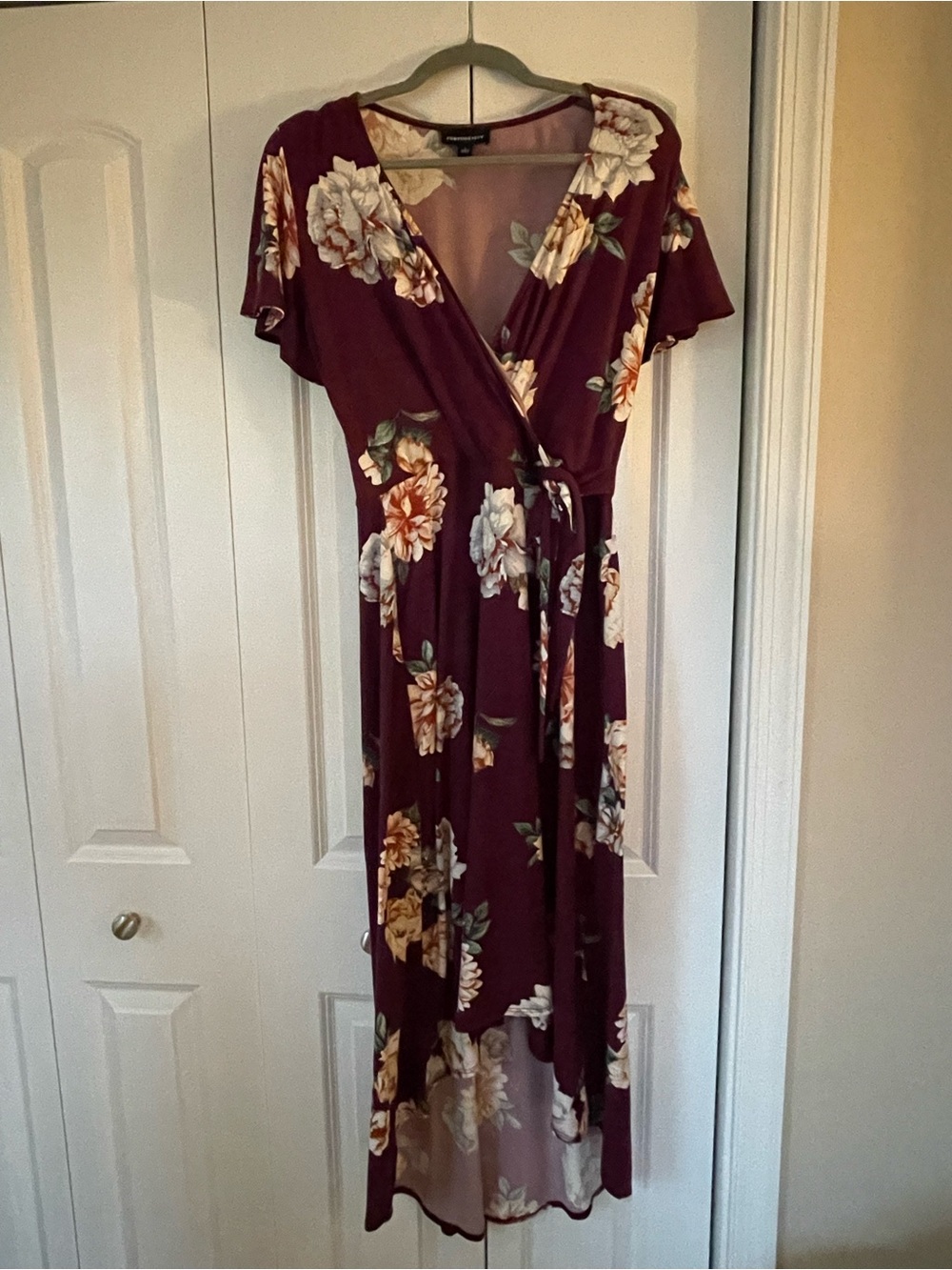 Floral Wrap Midi Dress in Burgundy with Tie Waist